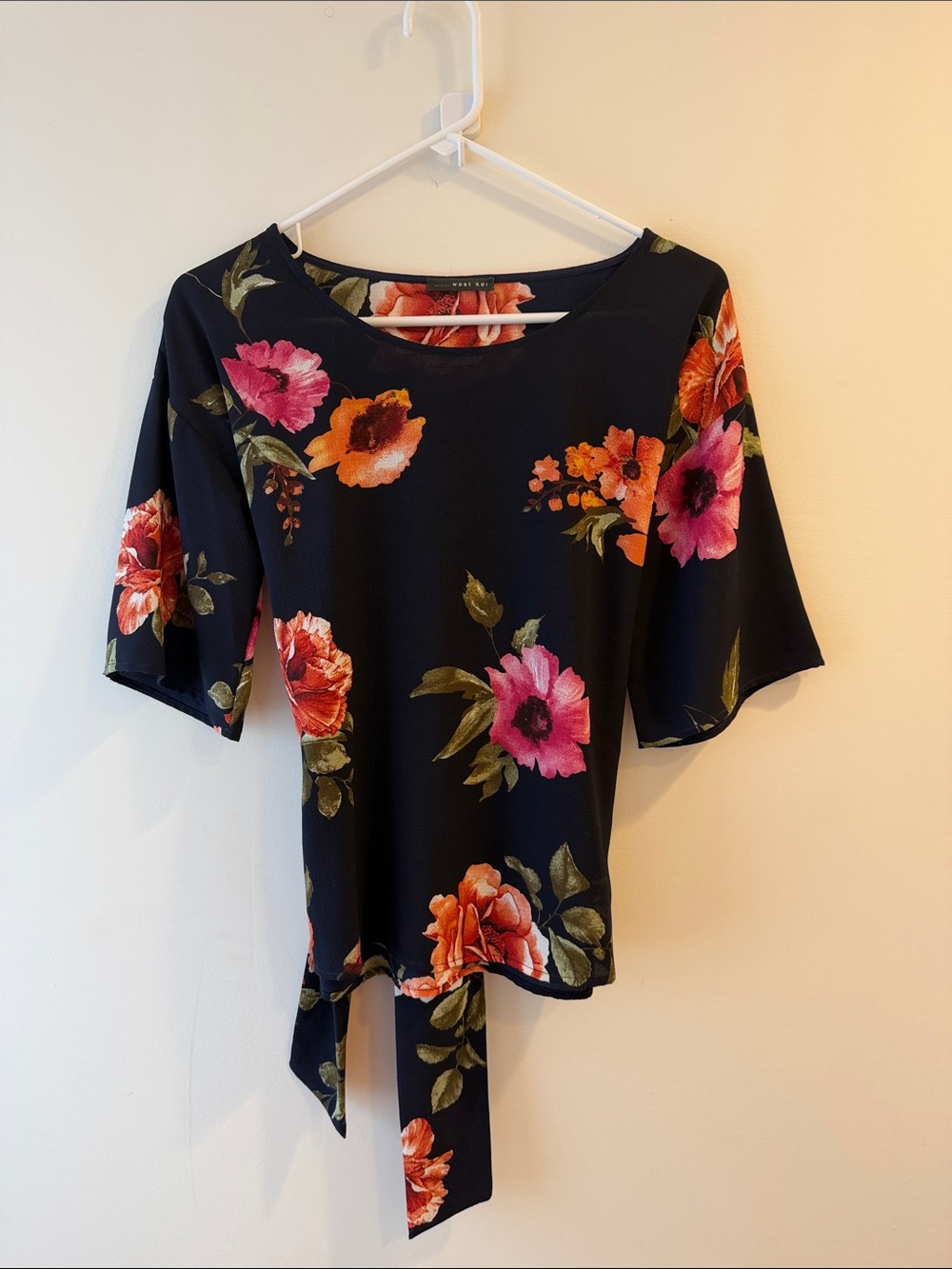 West Kei Navy Floral Tie-Hem Blouse with Pink & Orange Blooms